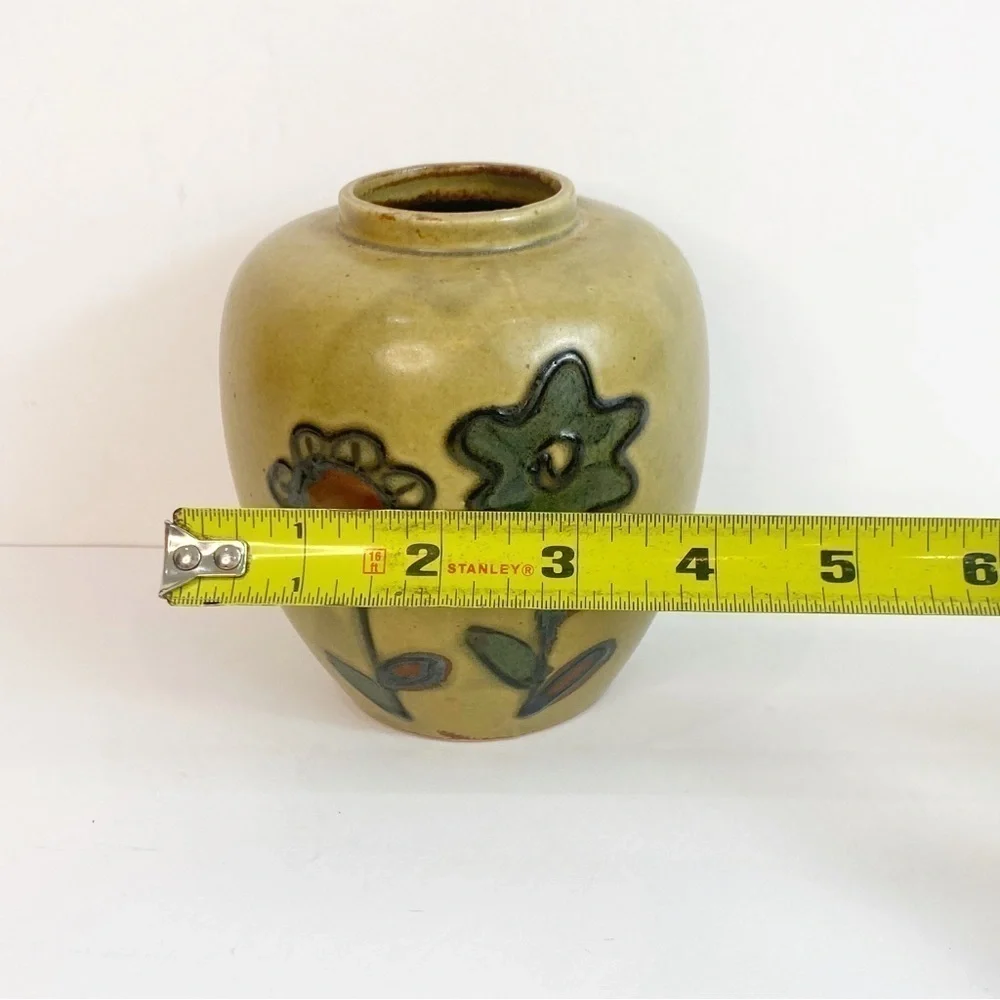 Vintage 70s Vibe Hand Painted Flowers Tan Pottery Vase